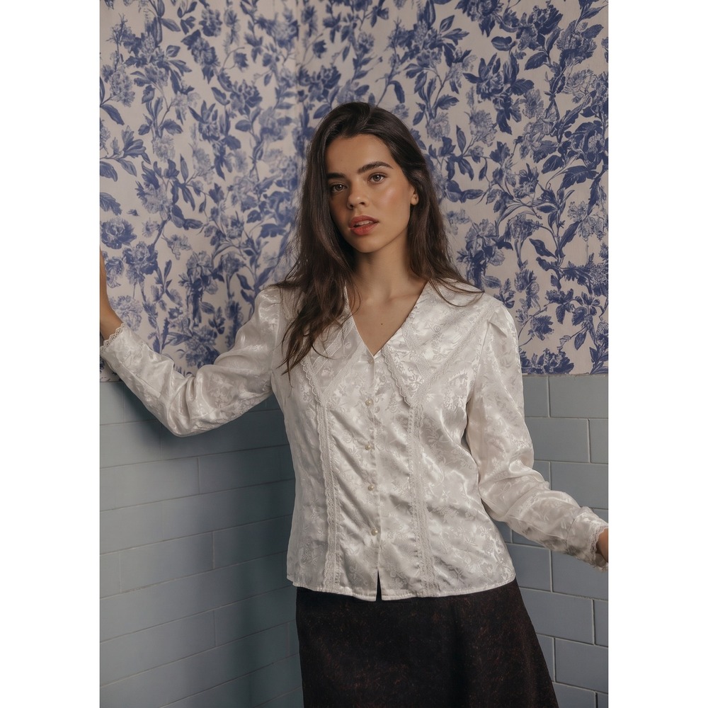 Gunne‎ Sax Blouse Womens 11 White Satin Jacquard Sailor Collar Lace Trim Vintage